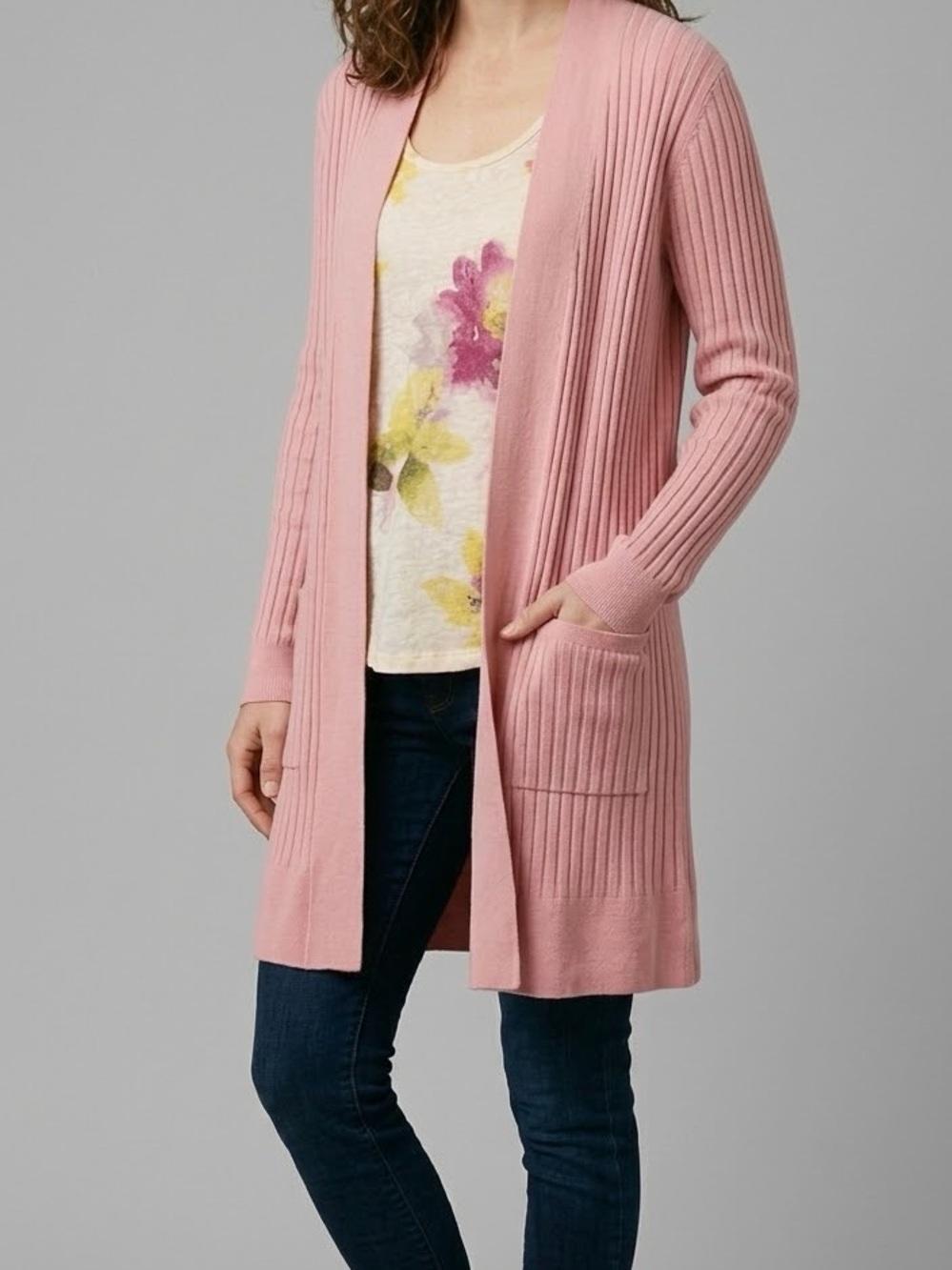 LOFT Soft Pink Ribbed Open Cardigan